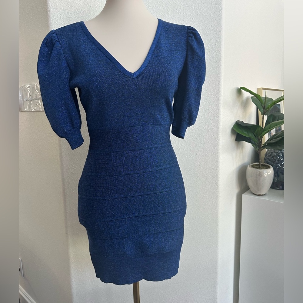 Herve Leger Navy Blue V-Neck Bandage Dress